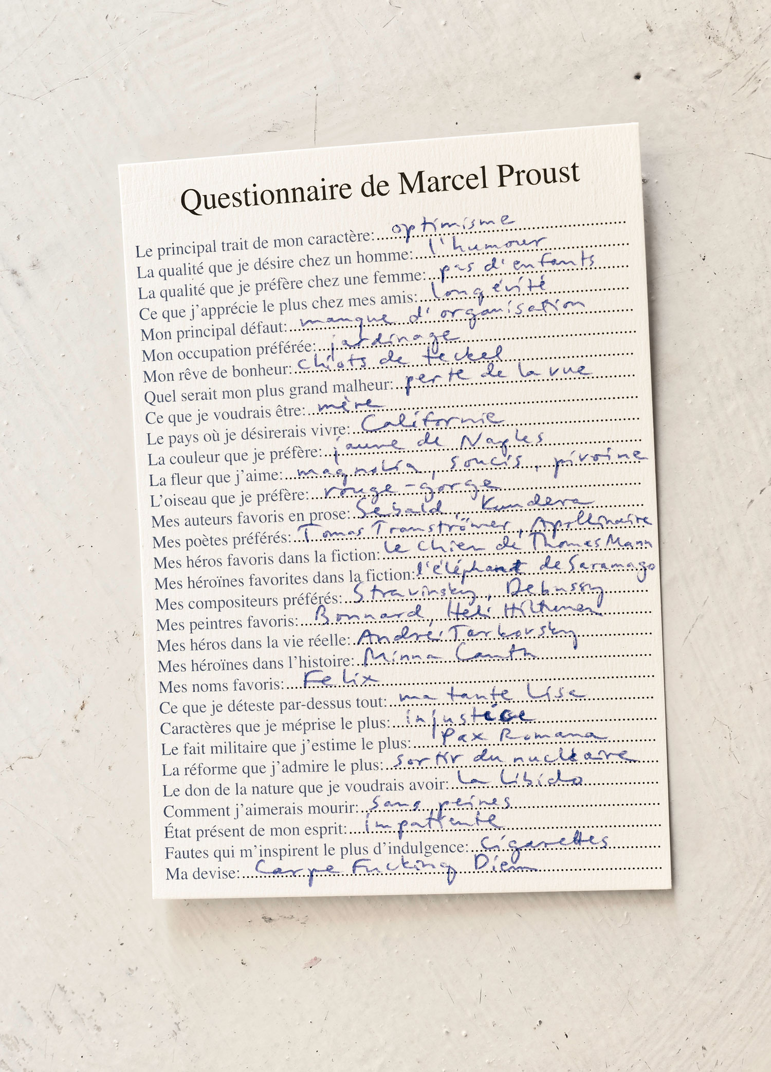 Questionnaire de Marcel Proust, 2016